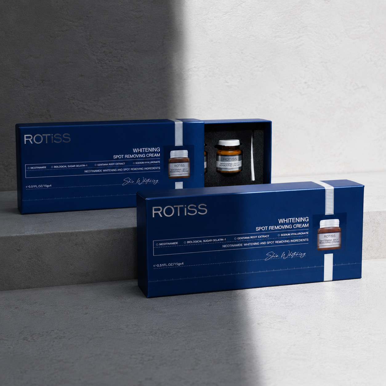 ROTiSS presentation boxes arranged on a minimal stone set