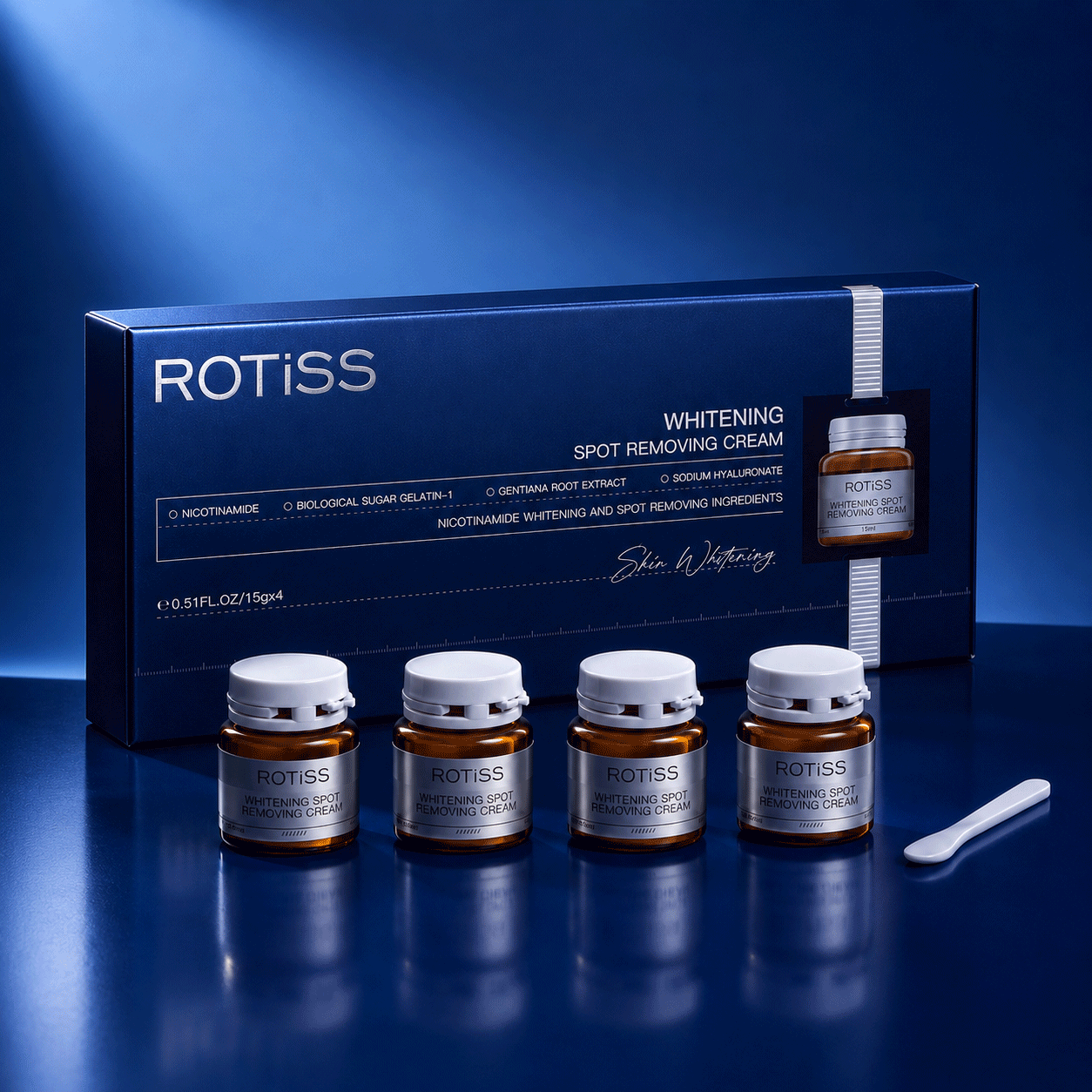ROTiSS complete radiance cream set in a deep blue studio
